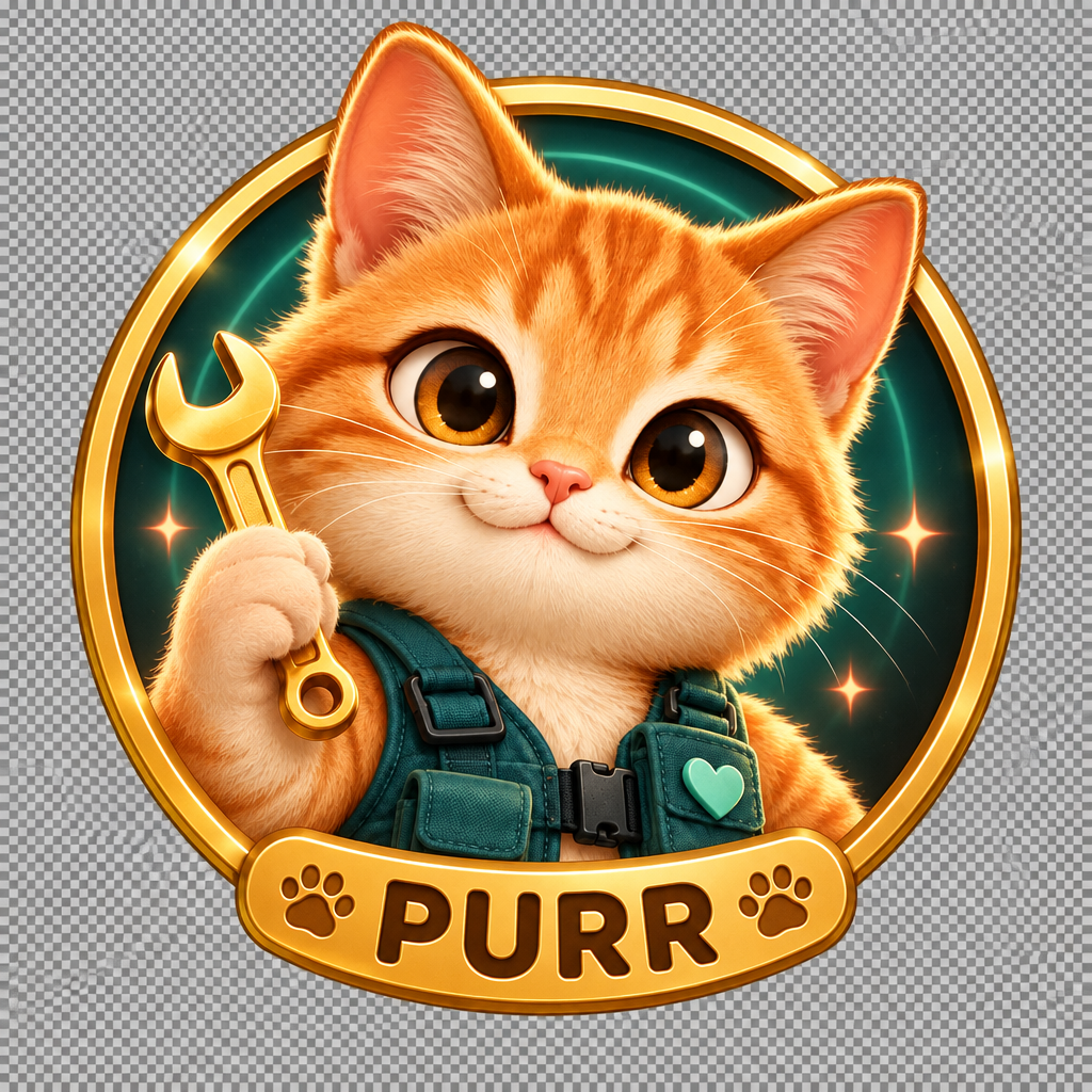 Purrpose’s orange cat mascot with a wrench and teal work vest